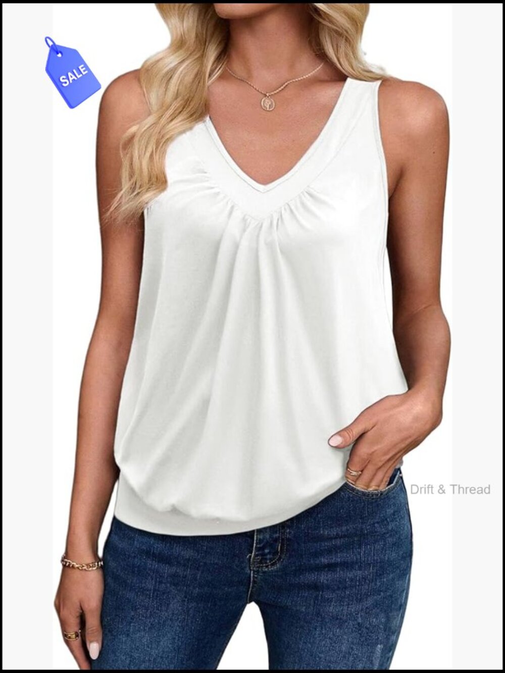Loose Fit V-Neck Ruched Tank Top, Sleeveless Banded Shirt, Polyester Spandex